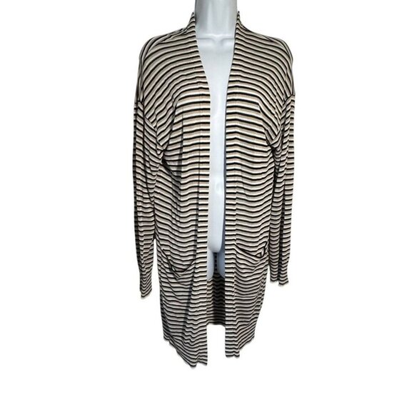 Monrow womens striped duster cardigan knit sweater Large White tan Black NWT - Picture 1 of 9